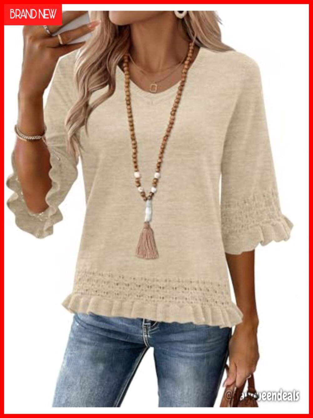 Womens Peplum Sweater 3/4 Ruffle Sleeve V Neck Pullover Top
